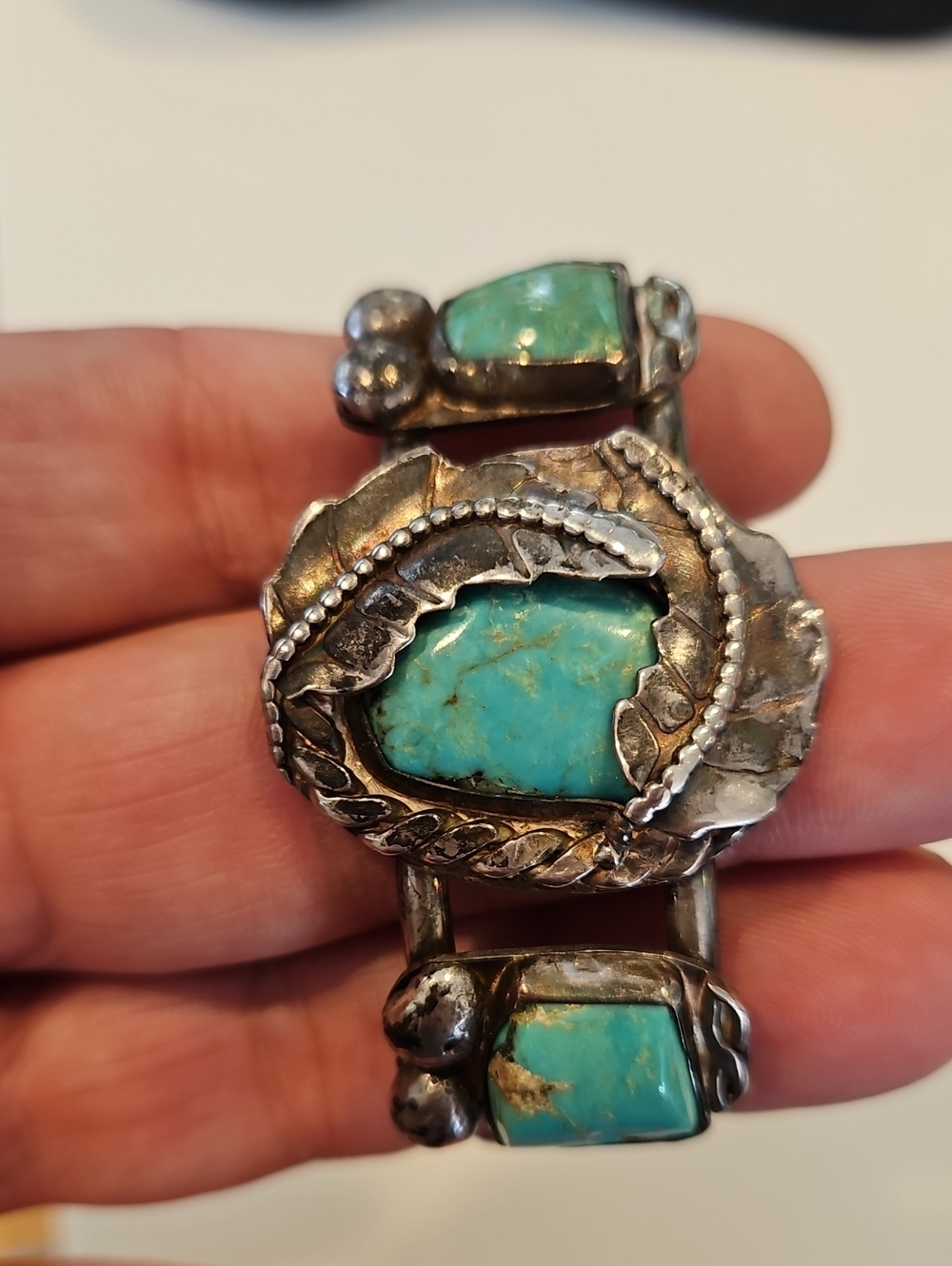 Old Pawn Navajo Turquoise Sterling Silver Leaf Cuff Bracelet Fred Harvey Era - Picture 7 of 8